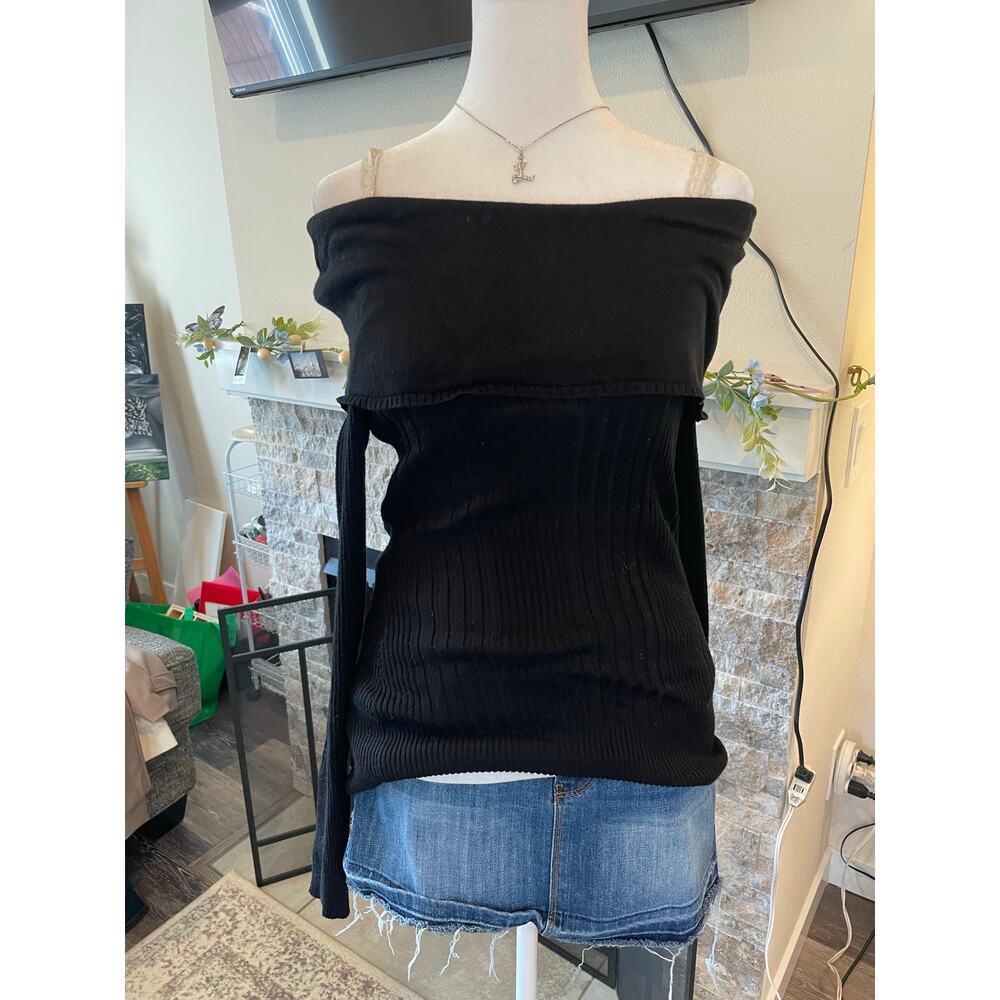 (Sold)black ribbed fold over off the shoulder sweater